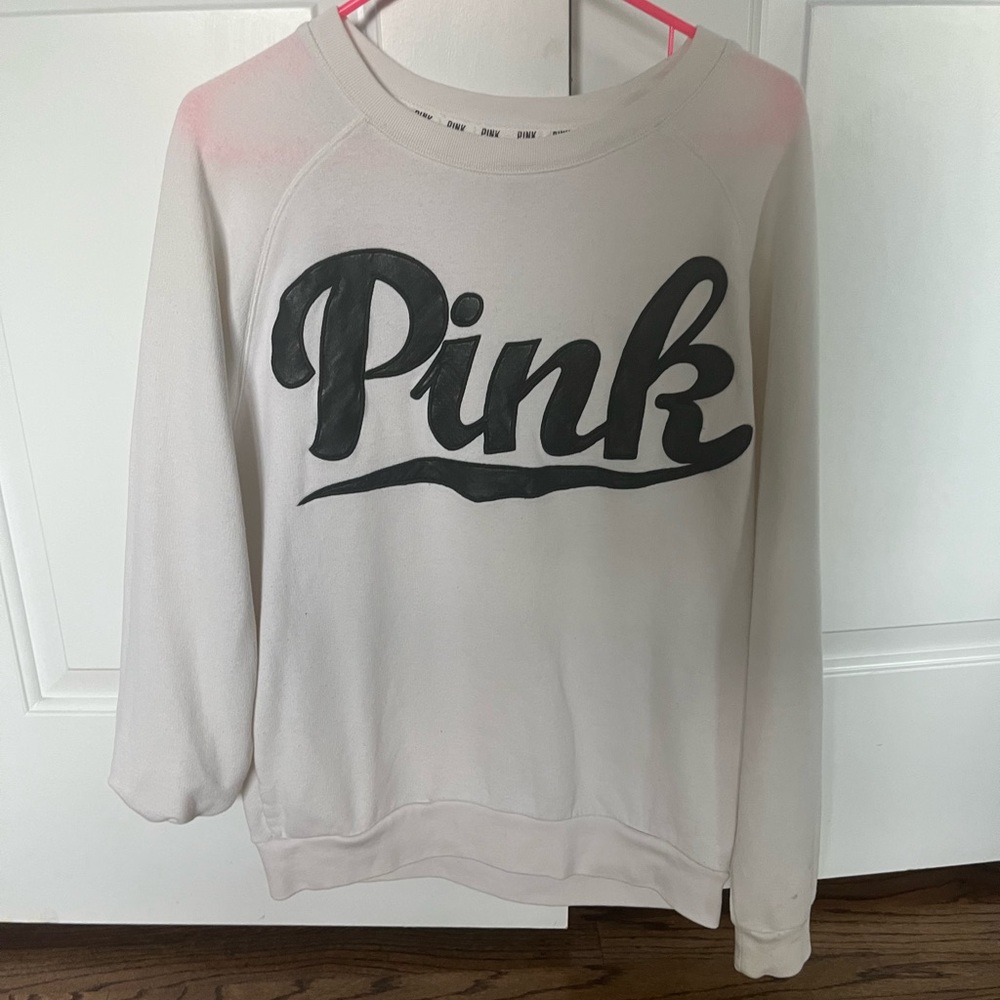 PINK white crew neck with black leather letters